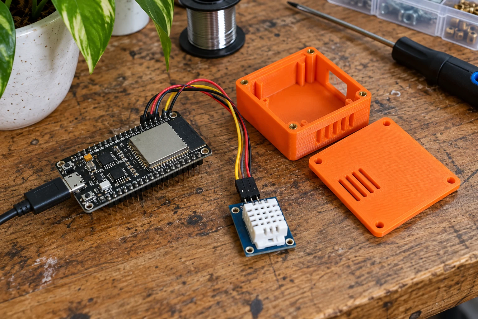 ESP32 mit Sensor und einem selbst gedruckten Gehäuse auf einer Werkbank